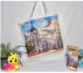 Bolso de hombro de compra con estampada de los dubujos paisaje con doble cara. tela loneta estampada dibujos personalizada.gran capacidad.dibujos madrid,barcalona,toledo,sol
