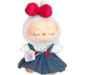 Accesorios de ropa para muñecas Labubu de 17 cm: top de encaje blanco, falda vaquera con tirantes y botones rojos