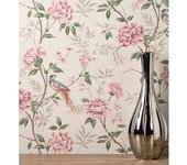 Muestra DIN A4 de Papel pintado de pájaros y flores fondo texturizado efecto fibra vegetal beige - Nora Garden 681989 de GAULAN