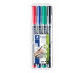 Rotuladores permanentes punta fina (0.6 mm)  STAEDTLER - Estuche con 4 rotuladores Lumocolor, colores básicos, carcasa abatible para cómodo uso, retroproyección // Ref: 318WP4