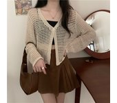 Pointelle Knit Top Long Sleeve One Button Crochet Cardigan Sweater for Women Cover-Up Spring Summer Y2K Outfit