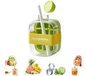 Cubitera con pajita 2 en 1, molde para cubitos de hielo con prensado sin contacto, botella de agua con tapa y recipiente, fácil de soltar, bandeja vertical para cubitos de hielo con tapa para congelador, 800 ml/8,6 onzas