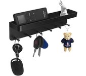 Placa para llaves con estante, almacenamiento de llaves, soporte para llaves, soporte autoadhesivo sin perforación, organizador de pared para entrada, pasillo, cocina, oficina (negro)