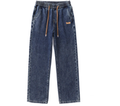 Men Dark Blue Blue Stretch Elastic Waist Denim Pants Streetwear Loose Full Length Trousers Straight Wide Leg Drawstring Jeans