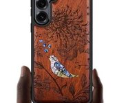 Funda magnética de madera para Galaxy S25+/S25 Plus, con grabado artesanal de madera e incrustaciones de concha, compatible con cargadores inalámbricos MagSafe (Flores y pájaro) en madera negra.