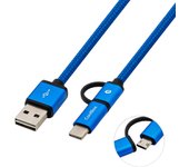 Cable 2 en 1 USB-C + microUSB CoolBox, Reversible, Carga + Transferencia de datos, 1m, Trenzado Anti-Enredos, Disponible en Azul y Gris