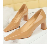 Women 6cm High Heels Pumps Lady Square Toe Glossy Patent Leather Block Low Heels Girl Green Blue Nude Wine Red Quality Shoes