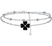 Bracelet Femme en Argent Sterling 925 Double Chaîne avec Chaîne Perles avec Zirconium pour Cadeaux Originaux Femmes - avec Boîte Cadeau argent-trèfle à quatre feuilles