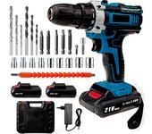 Taladro de impacto inalámbrico de 21V y kit de controlador - Taladro de tornillo eléctrico de litio multifunción - Con 2 baterías + cargador, Recargable, para proyectos DIY en casa, Taladro de impacto inalámbrico, Azul