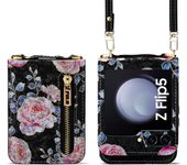 Purse Crossbody Phone Case for Samsung Galaxy Z Flip 5 4 3 5G Flip4 Flip5 Retro Rose Cards Holder Shockproof Leather Lanyard