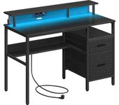 Escritorio Esquinero 120x55x90 cm con 2 Cajones de Tela, Estante para Monitor, Luces LED y Puertos USB, Tomas de Corriente Incorporadas, Ideal para Oficina en Casa