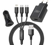 Myway pack cargador de coche usb+cargador de casa usb+cable 3 en 1 micro usb, tipo c y lightning negro
