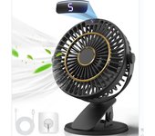 Ventilador de escretorio recargable, mini ventilador USB with Pantalla LCD, 5 velocidades, rotación de 720 °, ventilador portátil Silencioso, ventilador de Mesa para Oficina/Hogar/camping-Negro