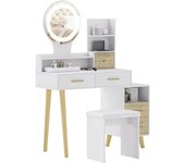HOMCOM Tocador con espejo y taburete, mesa de maquillaje, luminosidad regulable, 5 cajones, 4 compartimentos abiertos, 1 estante, cable USB 1,5 m, color blanco