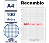 hojas de recambio archivador,100 hojas,Formato A4 ,rayado milimetrado,con taladros,material escolar,fespu shop