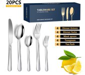 Juego de cubiertos de acero inoxidable, juego de vajilla lavable para cocina casera, restaurante y hotel, 20 piezas