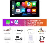 Radio multimedia para coche de 9 pulgadas, reproductor de vídeo, 2 + 64 GB, Android 13.0 Carplay, cámara de visión trasera, navegación WIFI-Bluetooth-GPS.
