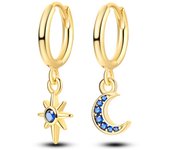 Pendientes de aro de circonio para mujer y niña, aretes de Color dorado, Luna y estrellas, joyería fina de plata 925