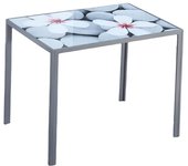 Mesa de cocina fija con tapa de cristal con impresión de flores