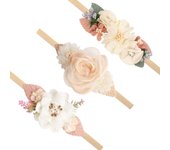 Baby Girl Flor de nylon diadema banda de pelo elástico hecho a mano arco para el recién nacido bebé niño pequeño Pack de 3 (Beige)