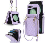 For Samsung Galaxy Z Flip 6 5 4 3 Case Crossbody Lanyard Leather Zipper Wallet Cards Slot Strap Holder Folding Shockproof Cover