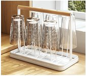 Organizador de vasos de vidrio portátil, soporte para vasos de vidrio para almacenamiento en la cocina del hogar con mango de madera, estuche de metal y silicona, soporte para almacenamiento de vasos de vidrio (blanco)