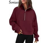 Women's Zipper Half Cardigan Splicing Kangaroo Pouch Thickened Sweatshirt Female Autumn Winter Stand-up Collar Hoodie Outerwear