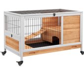 PawHut Jaula para Conejos de Madera Conejera para Mascotas Pequeñas Portátil Interior con Techo Abrible Rampa Bandeja Extraíble para Conejillos de Indias 90x53x59 cm