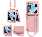 Vietao for Samsung galaxy z flip 6 case, women bank card wallet leather phone case with wristband for galaxy z flip 6, rose gold