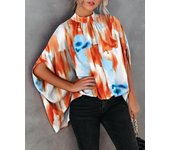 Women's Cape Sleeve Oversize Blouse Tie Closure High Neckline Caftan Body Loose Tops