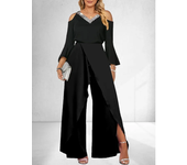 Women's L-3XL Plus Size Spring/summer Split Sequin Solid V-neck Jumpsuit Wide Leg Pants Elegant Loose Flared Sleeves Jumpsuit
