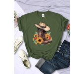 Cartoons Women T-Shirts Cowboy Riding Boots & Sunflowers Printed Tees O-Neck Comfortable Soft Short Sleeve Summer Female Clothes