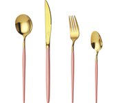 Mr.Spoon Juego 24 piezas cubiertos, Acero inoxidable 18/0, Color Dorado, Mango Rosa, Incluye cuchillo,tenedor,cuchara,cucharilla, Cubertería,Servicio para 6 Personas, Apto para lavavajillas. Ideas de regalo， Incluye bolsa de regalo.70163