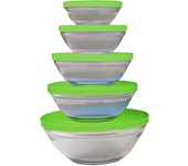 Set Jocca de 5 boles de cristal con tapa antigoteo en varios colores, de distintos tamaños, apilables y aptos para el microondas
