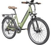 Bicicleta eléctrica de ciudad Fafrees F26 Pro de 26 pulgadas con cuadro bajito, bicicleta eléctrica 25 km/h, motor de 250 W, batería incorporada extraíble de 36 V 14.5 Ah, 7 velocidades Shimano, frenos de disco dobles, conectividad a aplicación - Verd