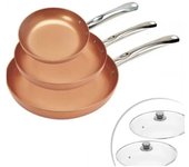 set de 3 sartenes de acero inoxidable con cobre incluye 2 tapas de vidrio