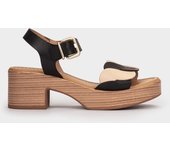 Pedro Miralles Sandalias de tacón de piel bicolor modelo DAROCA en tonos Negros. Hecho a mano en España.