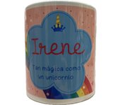 Solo Recuerdos SL Taza Mug con nombre personalizado Hecho en España diseño unicornio en caja cartón, apto para microondas y lavavajillas, personalizable en castellano, catalán-castellano, euskera-castellano y gallego-castellano.