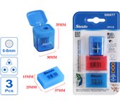 Stelam Sacapuntas con Tapa y Gomas de Borrar, Paquete de 3 Unidades, Sacapuntas 30mm x 35mm x 15mm (6-8mm Abertura), Gomas 25mm x 37mm x 15mm, Colores Rosa y Azul, Material Plástico + Acero Inoxidable + TPR, No Tóxico, Ideal para Escuela