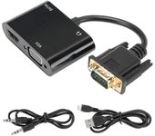 FGNS Adaptador VGA a HDMI, Adaptador VGA Macho a 1080P HDMI hembra + VGA hembra Converter con Audio estéreo de 3,5 mm, Dongle para TV, computadora, computadora portátil, Monitor, proyector