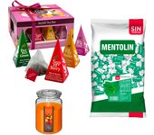 Lote respira: MENTOLIN HIERBABUENA S/A BOLSA 1KG + Vela Perfumada de Frutas Exóticas 510g  + WELL HOME - Caja de Té Joyfull con variedad de sabores