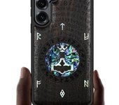 Funda magnética de madera para Galaxy S25+/S25 Plus, con grabado artesanal de madera e incrustaciones de concha, compatible con cargadores inalámbricos MagSafe (Flores y pájaro) en madera negra.