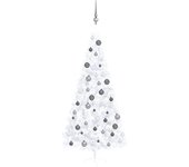vidaXL Medio árbol de Navidad con luces y bolas blanco 120 cm