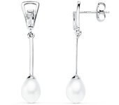 Pendientes Largos Oro Blanco 18k con Perla de 5mm y Cierre de Presión Inmaculada Romero