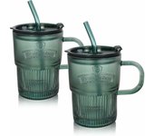 450ml Vaso de vidrio con Tapa y Pajitas -Vasos de Cristal con Tapa y Pajita, Juego de 2 Vasos de Agua Verde - Taza de Viaje de Vidrio pare Café, Batidos, Jugo