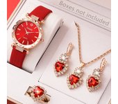5 Women's Quartz Watches With Red Leather Straps, Heart-shaped Necklaces, Earrings, And Rings. Gifts For Eid Al Fitr