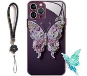Funda de cristal plana con patrón de mariposa 3D compatible con iPhone, compatible con iPhone 12 a 14 Pro Max con correa (para iphone14ProMax, morado claro)