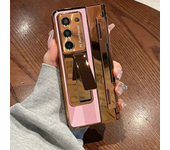 With Screen Protector Luxury Leather Case for Samsung Galaxy Z Fold 6 5 4 3 5G One-Piece Plating Stand Shockproof Cover Gold