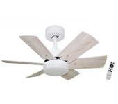 Bastilipo - CALA BLANCA DC,Ventilador de techo con motor DC, mando a distancia, 75 cm Ø, 6 aspas, blanco/roble claro, luz LED 3 tonos,  chas