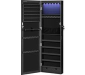 SONGMICS Armario para Joyas, Espejo Joyero de Pared, con Luces LED y Cierre, Organizador de para Pendiente, Collar, Espejo y Varios Compartimentos, Negro/Roble/Superficie Blanca y Forro Gris/Blanco/Marrón Rústico
